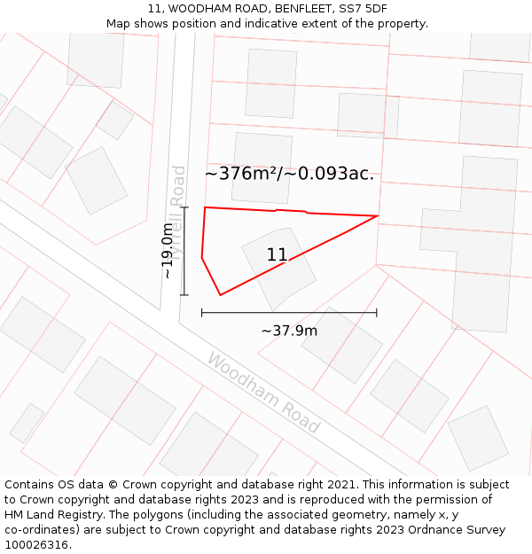 11, WOODHAM ROAD, BENFLEET, SS7 5DF: Plot and title map