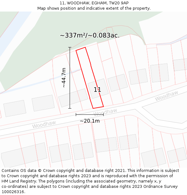11, WOODHAW, EGHAM, TW20 9AP: Plot and title map