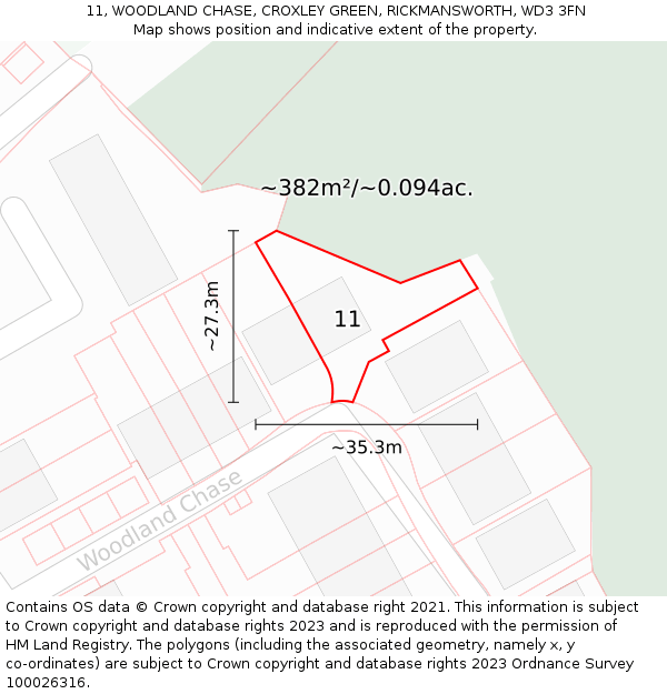 11, WOODLAND CHASE, CROXLEY GREEN, RICKMANSWORTH, WD3 3FN: Plot and title map