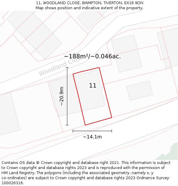 11, WOODLAND CLOSE, BAMPTON, TIVERTON, EX16 9DN: Plot and title map