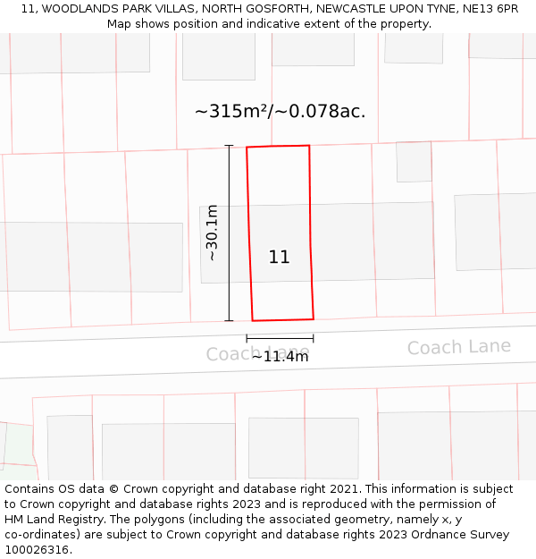 11, WOODLANDS PARK VILLAS, NORTH GOSFORTH, NEWCASTLE UPON TYNE, NE13 6PR: Plot and title map
