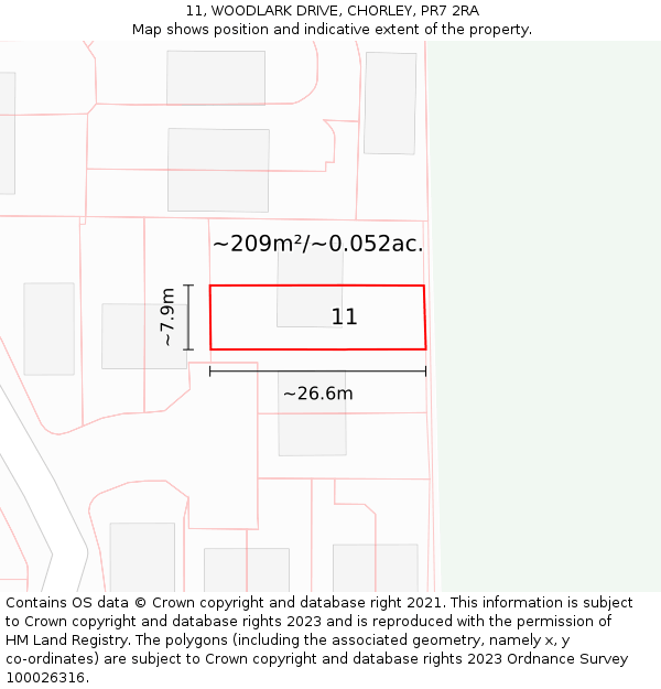 11, WOODLARK DRIVE, CHORLEY, PR7 2RA: Plot and title map