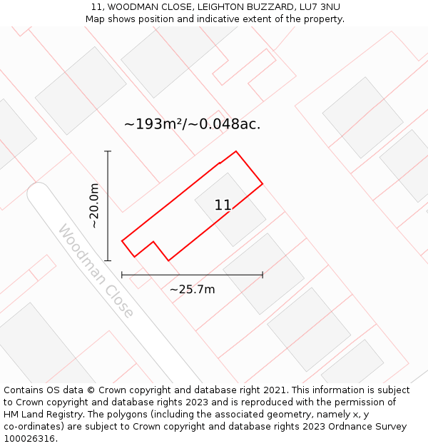 11, WOODMAN CLOSE, LEIGHTON BUZZARD, LU7 3NU: Plot and title map