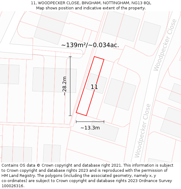 11, WOODPECKER CLOSE, BINGHAM, NOTTINGHAM, NG13 8QL: Plot and title map