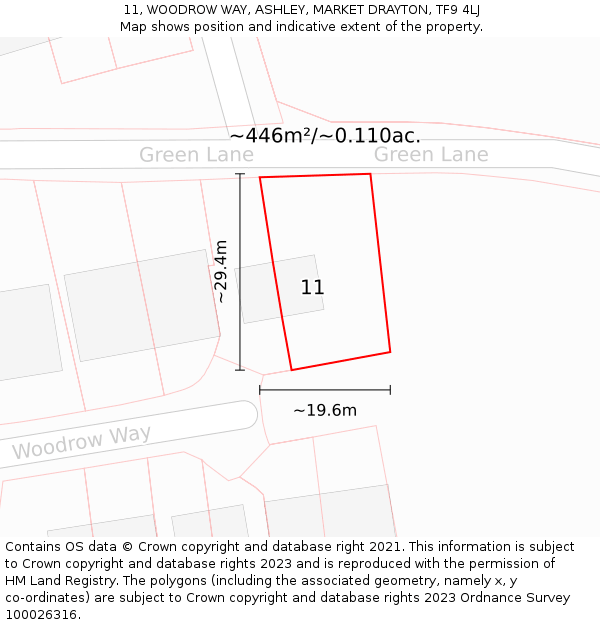 11, WOODROW WAY, ASHLEY, MARKET DRAYTON, TF9 4LJ: Plot and title map