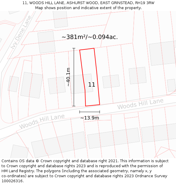 11, WOODS HILL LANE, ASHURST WOOD, EAST GRINSTEAD, RH19 3RW: Plot and title map