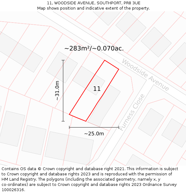 11, WOODSIDE AVENUE, SOUTHPORT, PR8 3UE: Plot and title map