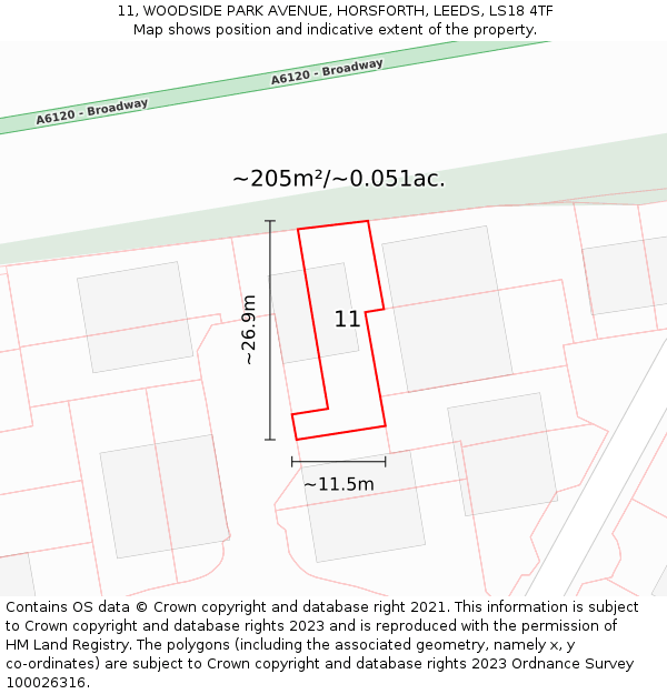 11, WOODSIDE PARK AVENUE, HORSFORTH, LEEDS, LS18 4TF: Plot and title map