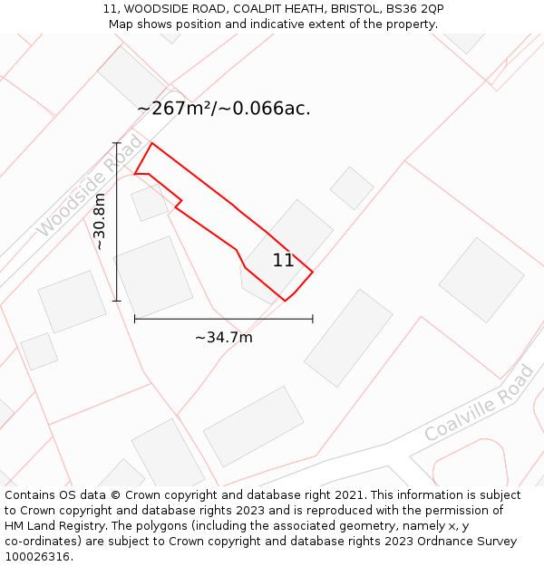 11, WOODSIDE ROAD, COALPIT HEATH, BRISTOL, BS36 2QP: Plot and title map