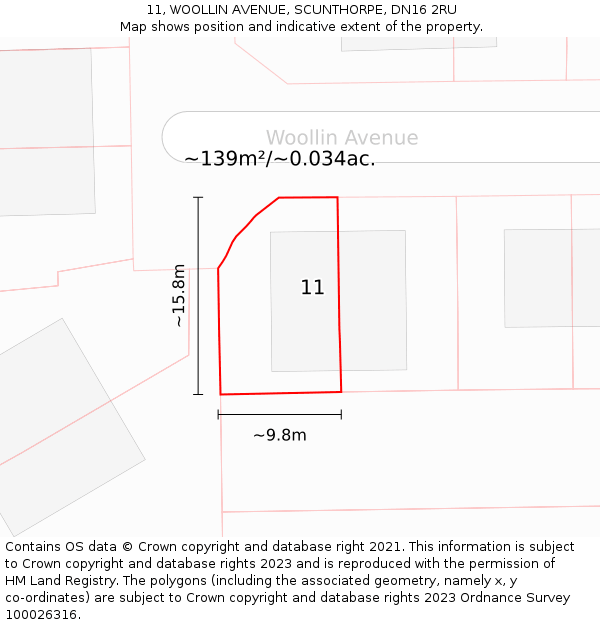 11, WOOLLIN AVENUE, SCUNTHORPE, DN16 2RU: Plot and title map