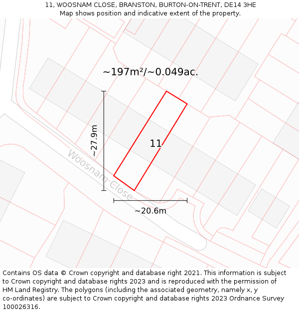 11, WOOSNAM CLOSE, BRANSTON, BURTON-ON-TRENT, DE14 3HE: Plot and title map
