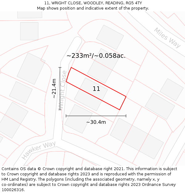 11, WRIGHT CLOSE, WOODLEY, READING, RG5 4TY: Plot and title map