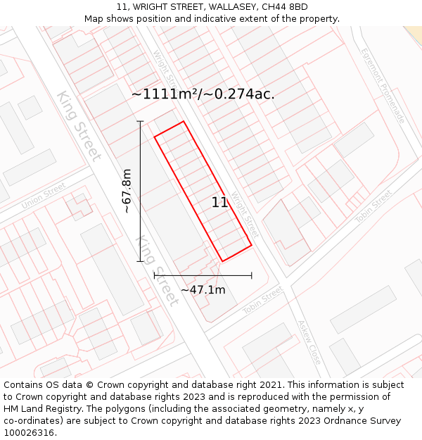 11, WRIGHT STREET, WALLASEY, CH44 8BD: Plot and title map