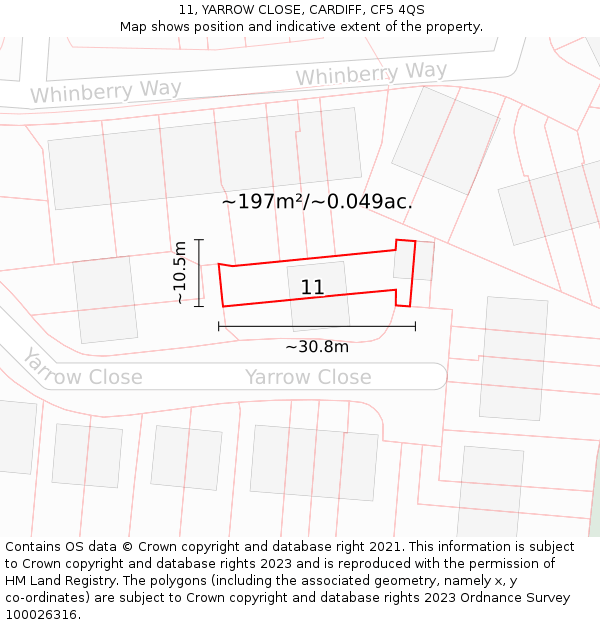 11, YARROW CLOSE, CARDIFF, CF5 4QS: Plot and title map