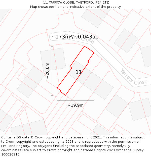 11, YARROW CLOSE, THETFORD, IP24 2TZ: Plot and title map