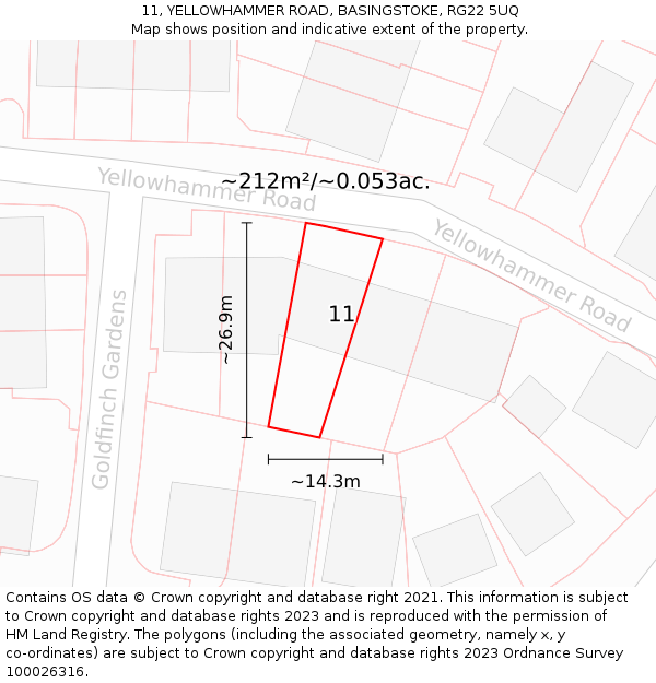 11, YELLOWHAMMER ROAD, BASINGSTOKE, RG22 5UQ: Plot and title map