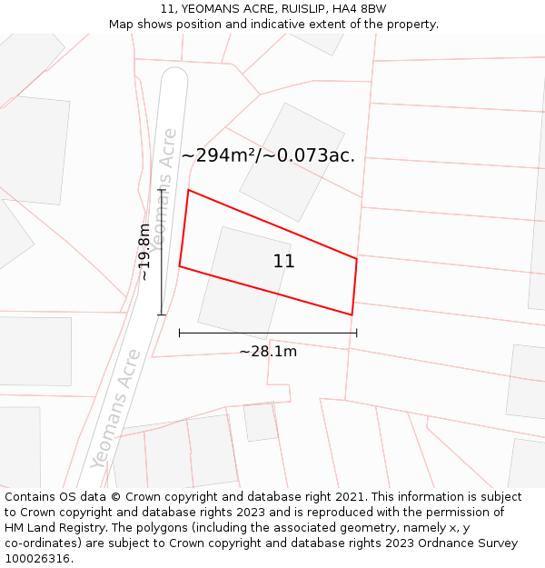 11, YEOMANS ACRE, RUISLIP, HA4 8BW: Plot and title map