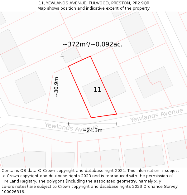 11, YEWLANDS AVENUE, FULWOOD, PRESTON, PR2 9QR: Plot and title map