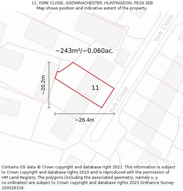 11, YORK CLOSE, GODMANCHESTER, HUNTINGDON, PE29 2EB: Plot and title map