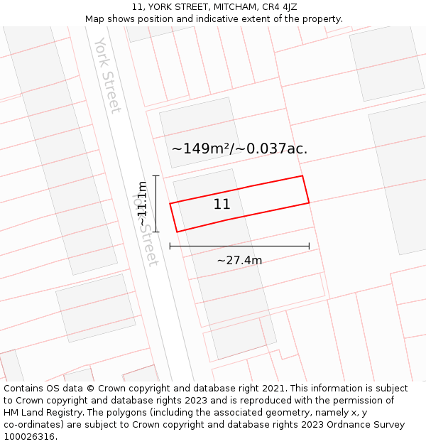 11, YORK STREET, MITCHAM, CR4 4JZ: Plot and title map