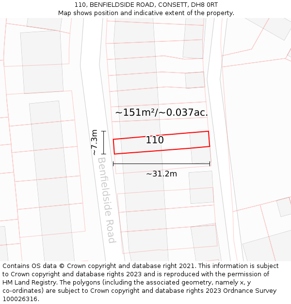 110, BENFIELDSIDE ROAD, CONSETT, DH8 0RT: Plot and title map