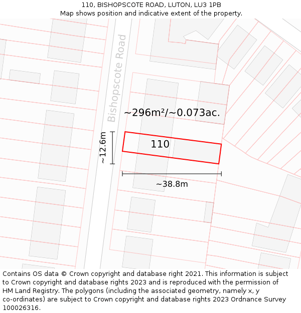 110, BISHOPSCOTE ROAD, LUTON, LU3 1PB: Plot and title map