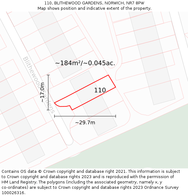 110, BLITHEWOOD GARDENS, NORWICH, NR7 8PW: Plot and title map