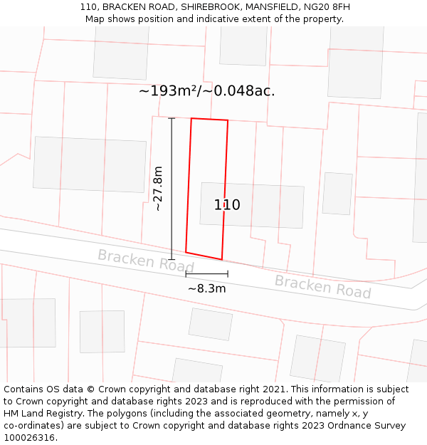 110, BRACKEN ROAD, SHIREBROOK, MANSFIELD, NG20 8FH: Plot and title map