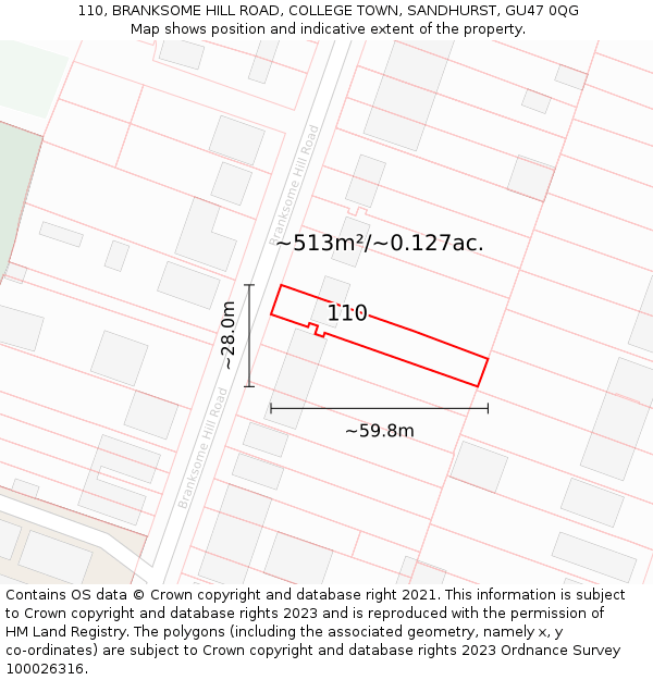 110, BRANKSOME HILL ROAD, COLLEGE TOWN, SANDHURST, GU47 0QG: Plot and title map
