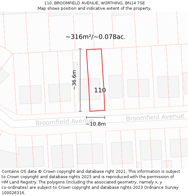 110, BROOMFIELD AVENUE, WORTHING, BN14 7SE: Plot and title map