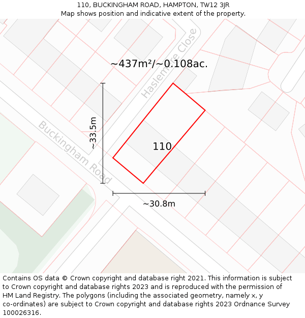 110, BUCKINGHAM ROAD, HAMPTON, TW12 3JR: Plot and title map