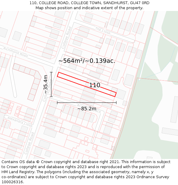 110, COLLEGE ROAD, COLLEGE TOWN, SANDHURST, GU47 0RD: Plot and title map