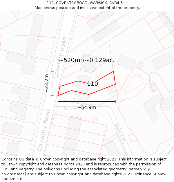 110, COVENTRY ROAD, WARWICK, CV34 5HH: Plot and title map