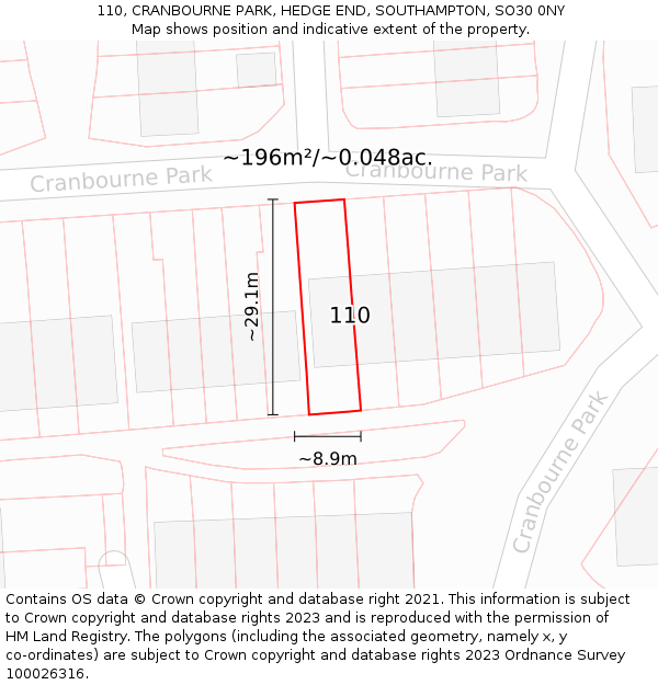 110, CRANBOURNE PARK, HEDGE END, SOUTHAMPTON, SO30 0NY: Plot and title map