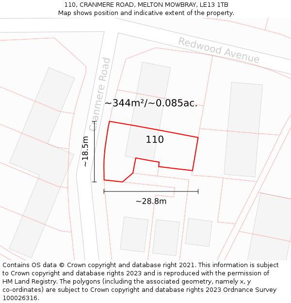 110, CRANMERE ROAD, MELTON MOWBRAY, LE13 1TB: Plot and title map