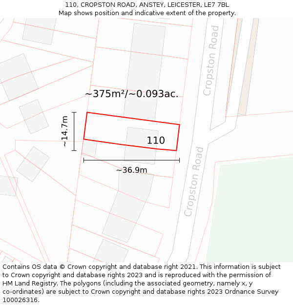 110, CROPSTON ROAD, ANSTEY, LEICESTER, LE7 7BL: Plot and title map