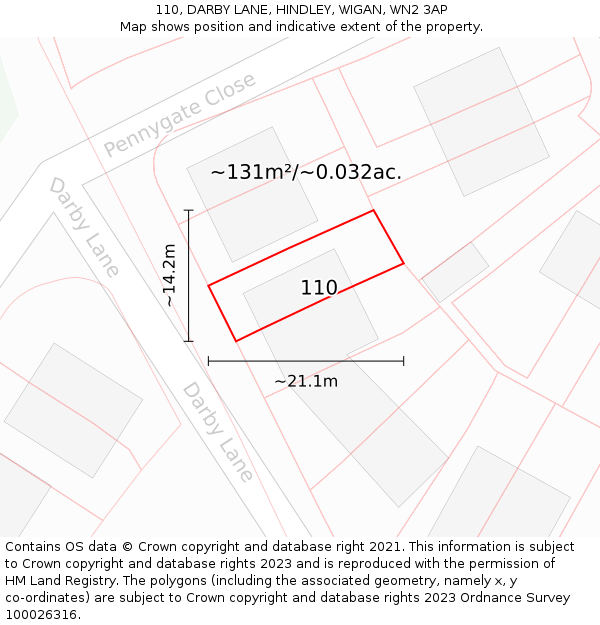110, DARBY LANE, HINDLEY, WIGAN, WN2 3AP: Plot and title map