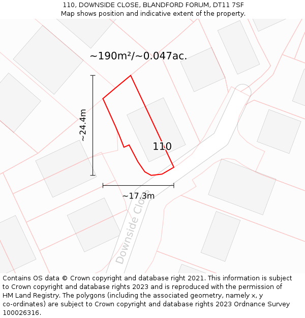 110, DOWNSIDE CLOSE, BLANDFORD FORUM, DT11 7SF: Plot and title map