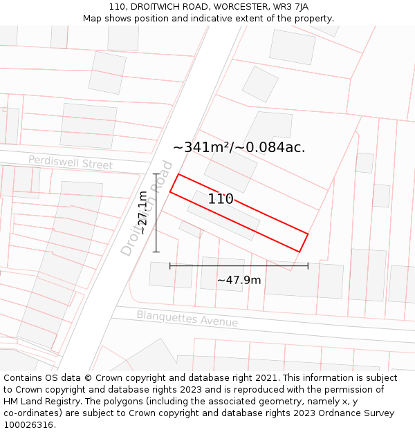 110, DROITWICH ROAD, WORCESTER, WR3 7JA: Plot and title map