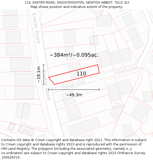 110, EXETER ROAD, KINGSTEIGNTON, NEWTON ABBOT, TQ12 3LY: Plot and title map