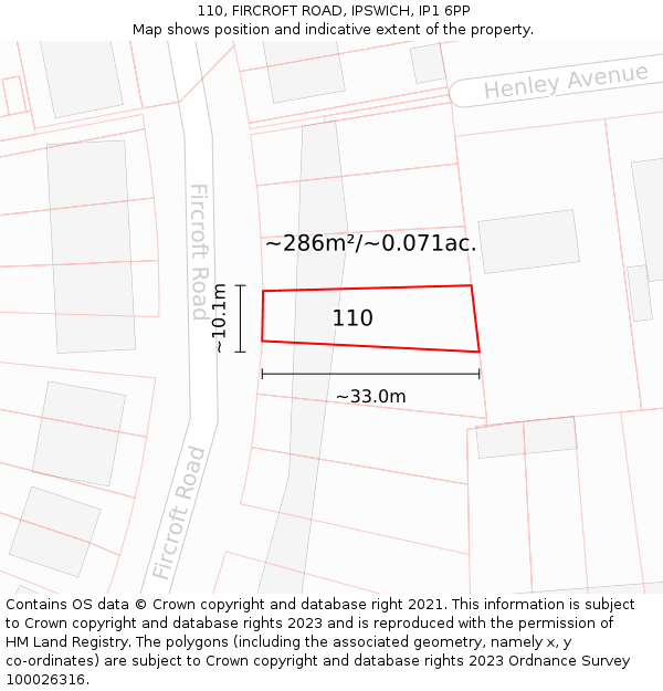 110, FIRCROFT ROAD, IPSWICH, IP1 6PP: Plot and title map