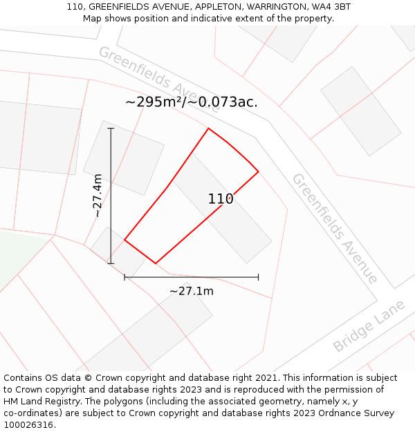 110, GREENFIELDS AVENUE, APPLETON, WARRINGTON, WA4 3BT: Plot and title map