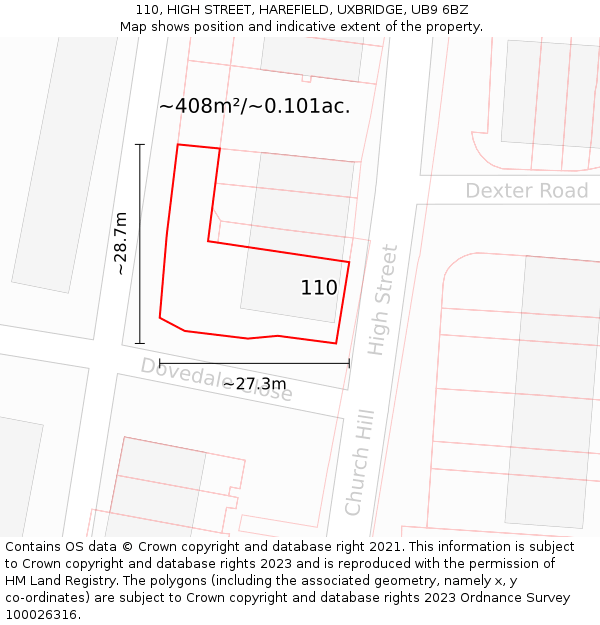 110, HIGH STREET, HAREFIELD, UXBRIDGE, UB9 6BZ: Plot and title map