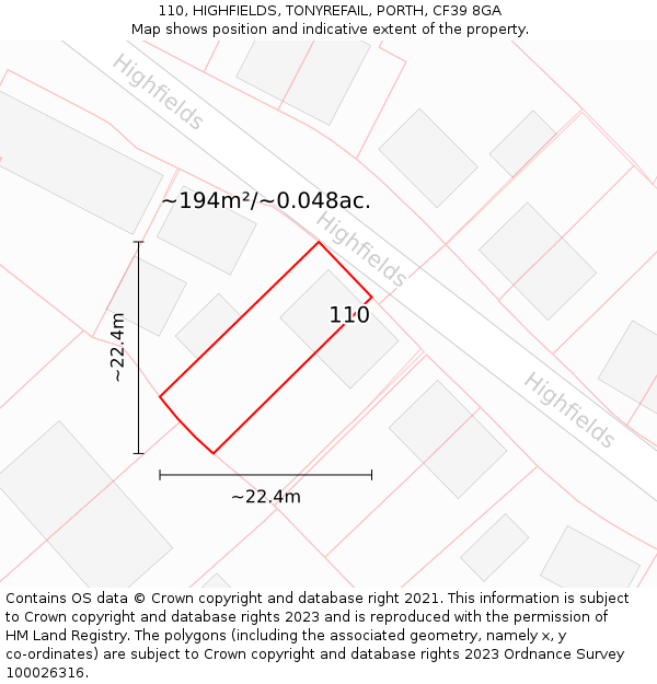 110, HIGHFIELDS, TONYREFAIL, PORTH, CF39 8GA: Plot and title map