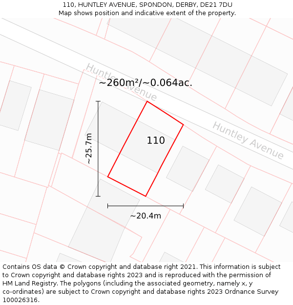 110, HUNTLEY AVENUE, SPONDON, DERBY, DE21 7DU: Plot and title map