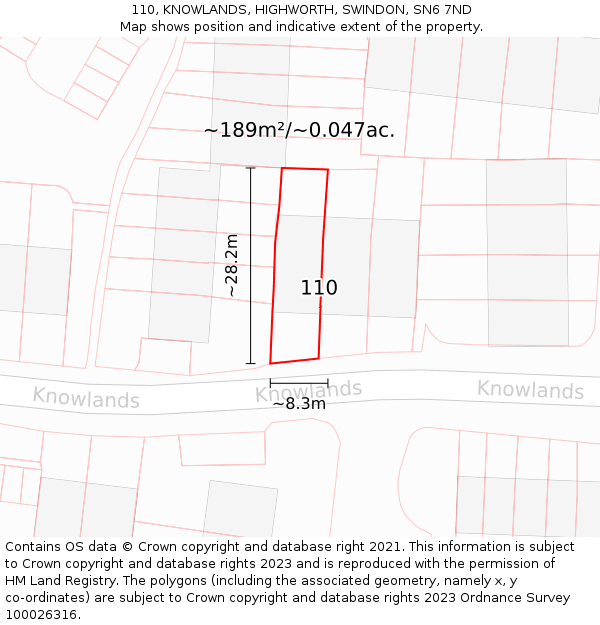 110, KNOWLANDS, HIGHWORTH, SWINDON, SN6 7ND: Plot and title map