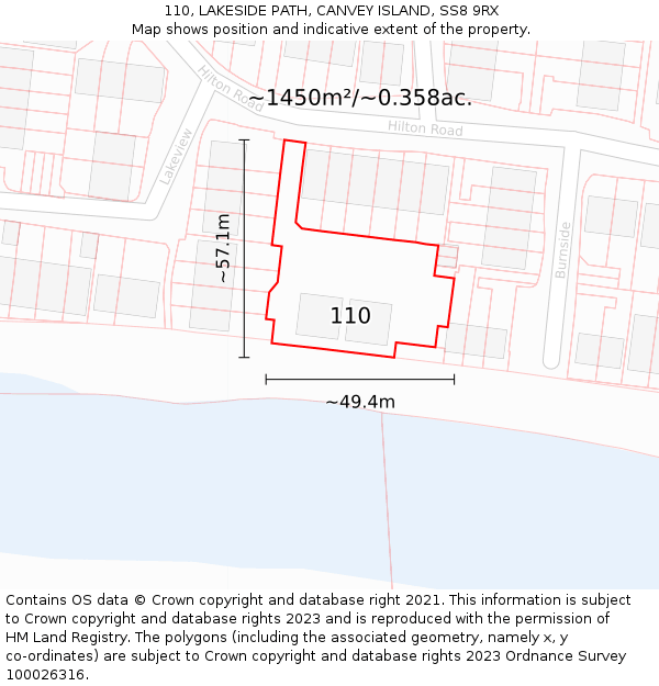 110, LAKESIDE PATH, CANVEY ISLAND, SS8 9RX: Plot and title map
