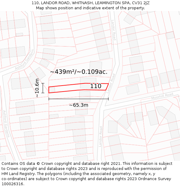 110, LANDOR ROAD, WHITNASH, LEAMINGTON SPA, CV31 2JZ: Plot and title map