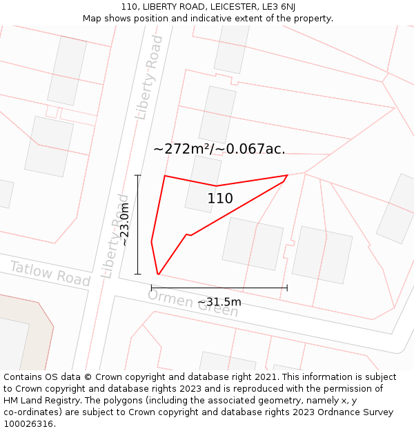 110, LIBERTY ROAD, LEICESTER, LE3 6NJ: Plot and title map