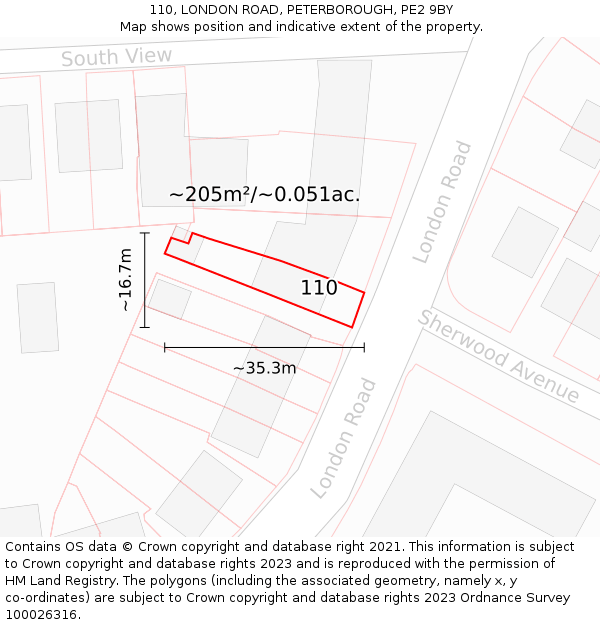 110, LONDON ROAD, PETERBOROUGH, PE2 9BY: Plot and title map
